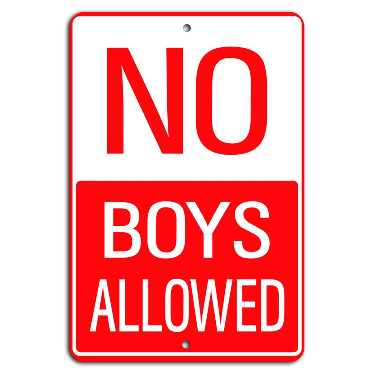 No Boys Allowed Red and White Vertical Aluminum Sign — product artwork