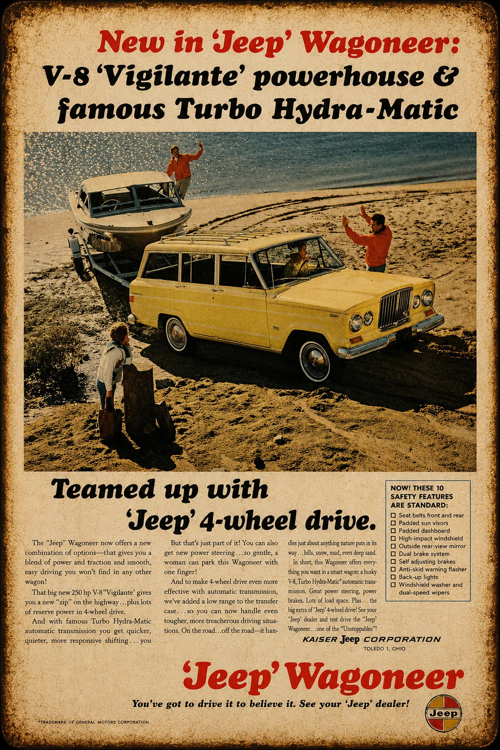 Vintage Jeep Wagoneer Beach Adventure Ad Aluminum Sign — product artwork