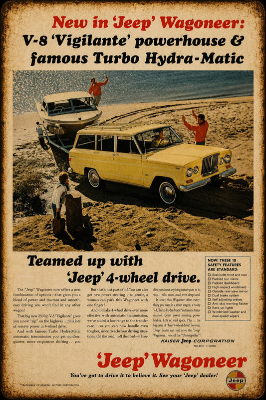 Vintage Jeep Wagoneer Beach Adventure Ad Aluminum Sign — product artwork