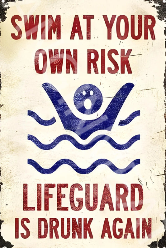 Funny Warning Swim at Your Own Risk Life Guard Drunk Aluminum Sign — product artwork