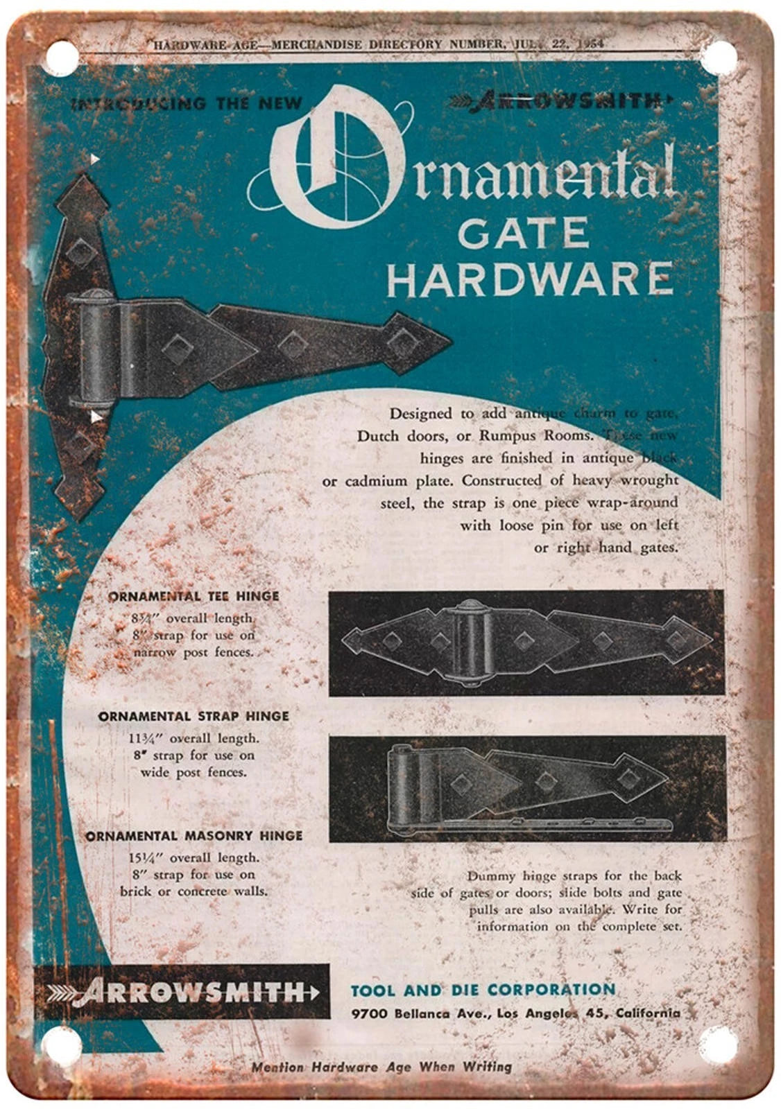 Vintage 1954 Arrowsmith Tool Die Gate Hardware Aluminum Sign — product artwork