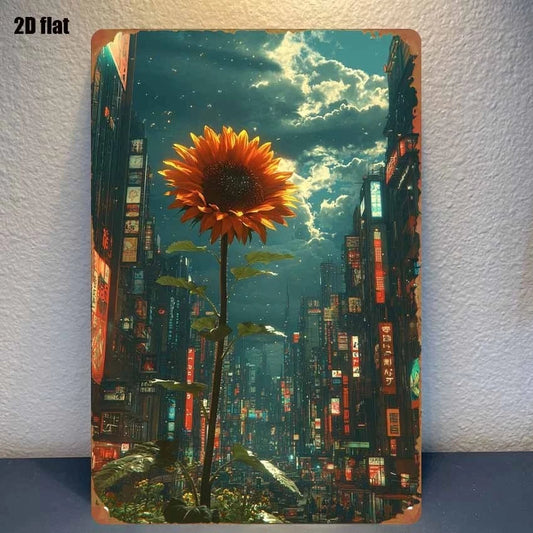 Futuristic City Sunflowers Wall Art Aluminum Sign — product artwork