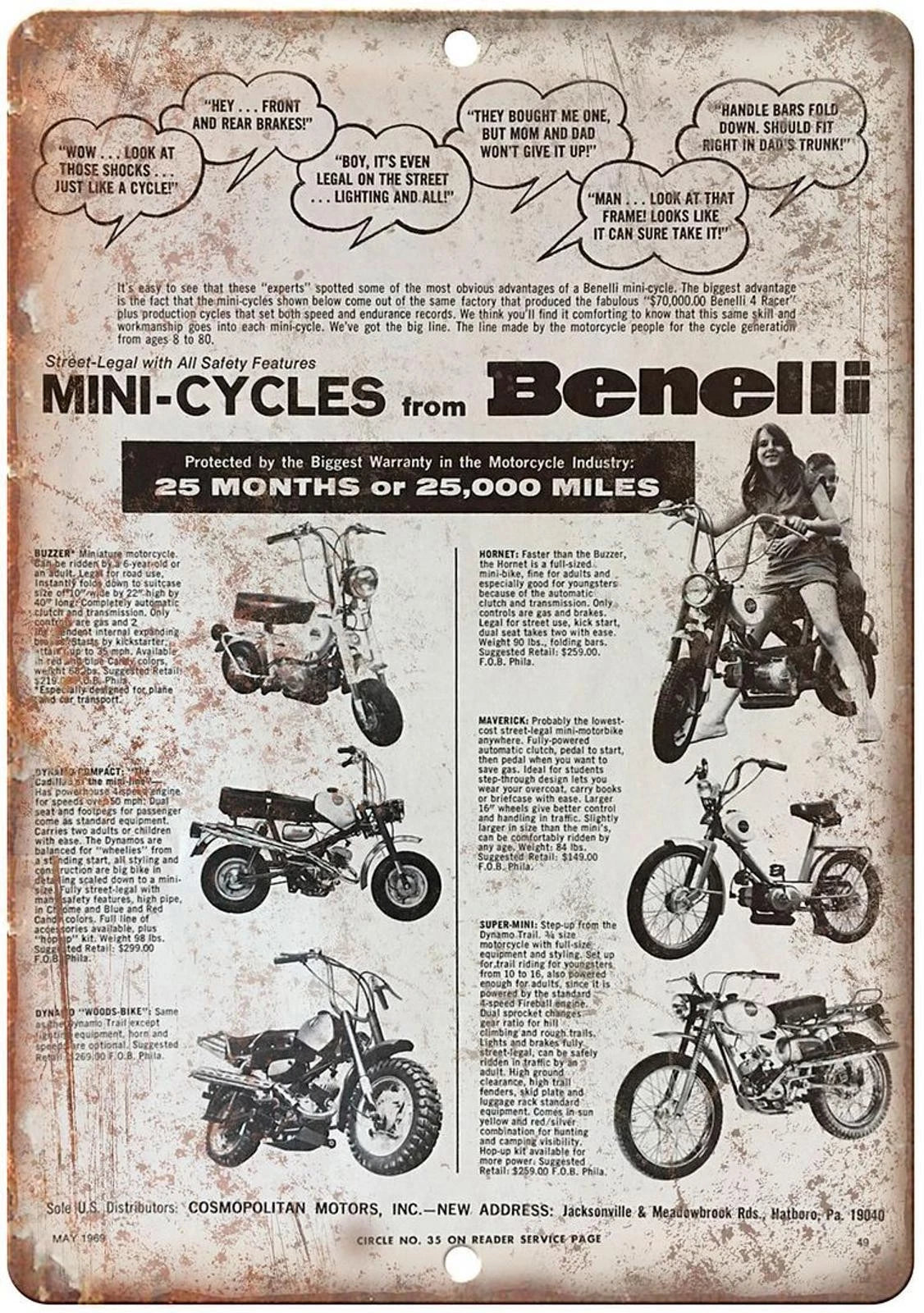 Benelli Vintage Mini Cycles Reproduction Aluminum Sign — product artwork