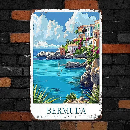 Wall Art Retro Bermuda Colorful Coastal Landscape Aluminum Sign — product artwork
