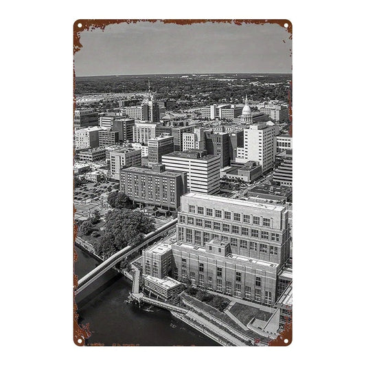 City Skyline Modern Black White Aluminum Sign — product artwork