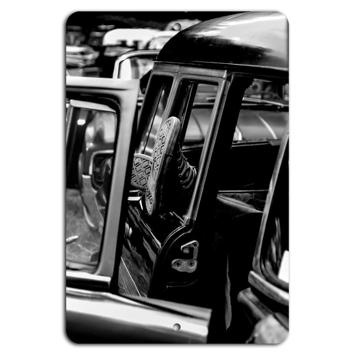 Classic Car Open Door Black and White Aluminum Sign — product artwork