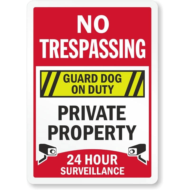 No Trespassing Guard Dog on Duty Surveillance Aluminum Sign — product artwork