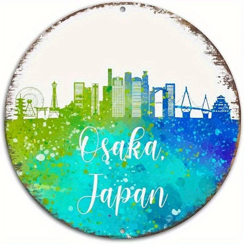 Vintage Osaka Retro City Skyline Funny Round Aluminum Sign — product artwork