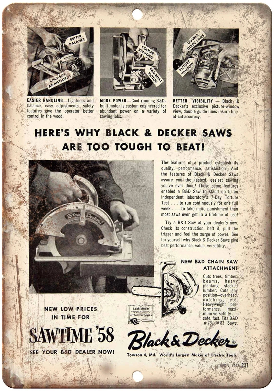 Power Tool Black Decker 1958 Vintage Wall Art Aluminum Sign — product artwork