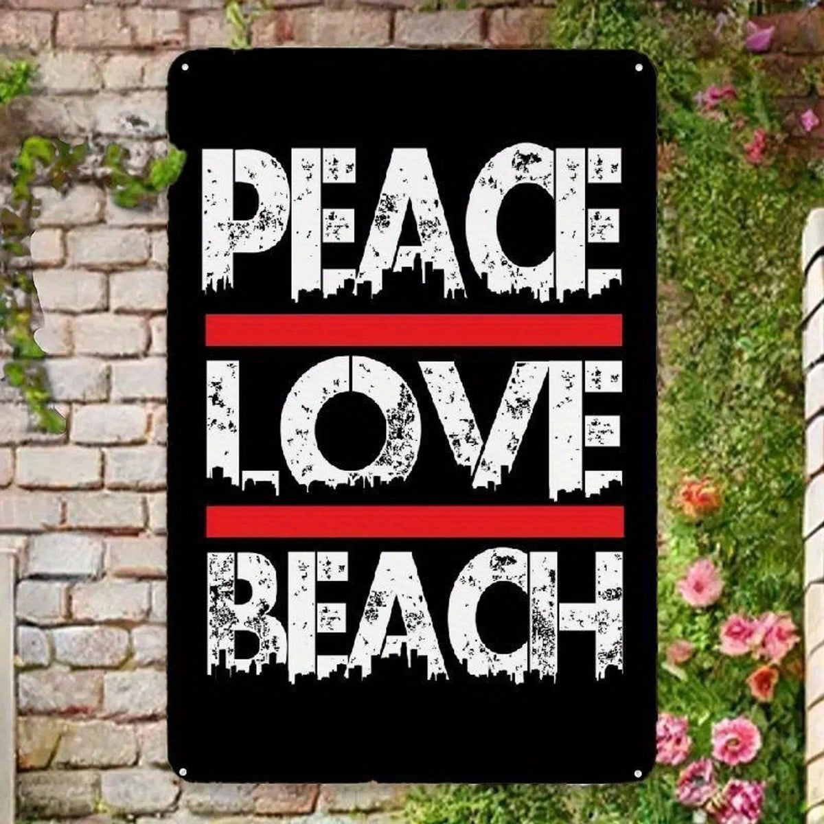 Tin Retro Peace Love Beach Funny Aluminum Sign — product artwork