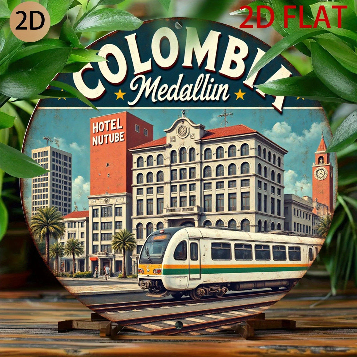 Tin 2D Plane Circular Colombia Medellin City Scene Round Aluminum Sign — product artwork
