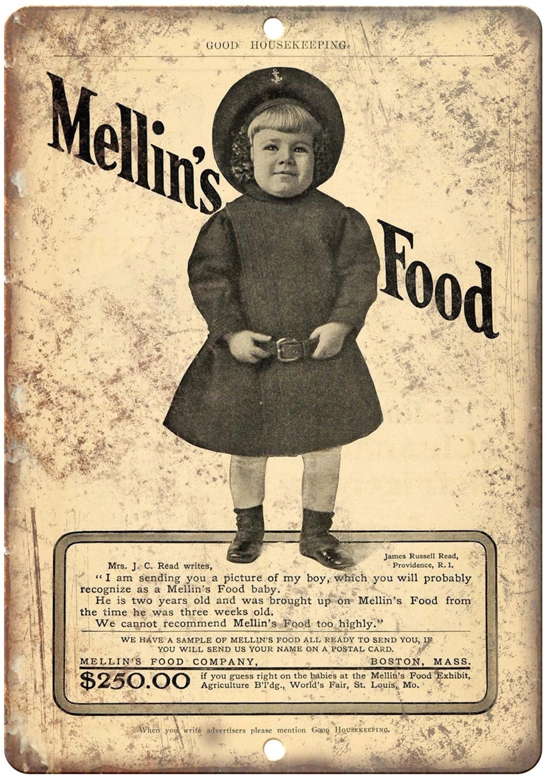 Vintage Mellins Food Boston Funny Aluminum Sign — product artwork