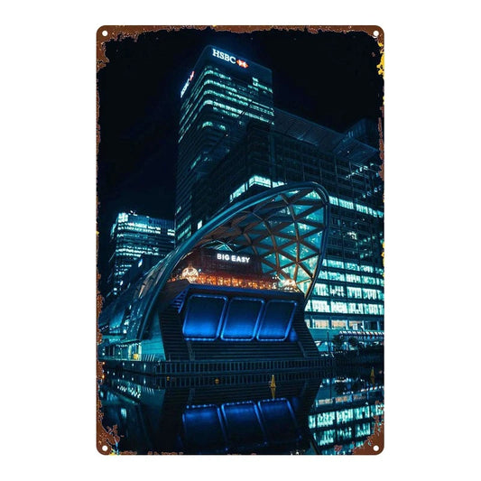 Modern City Night Scene Decorative Art Aluminum Sign — product artwork