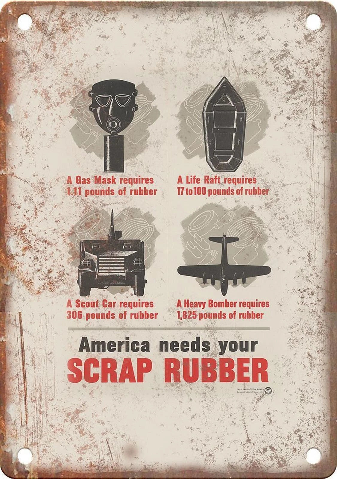 WWII Propaganda Scrap Rubber Funny Poster Aluminum Sign — product artwork