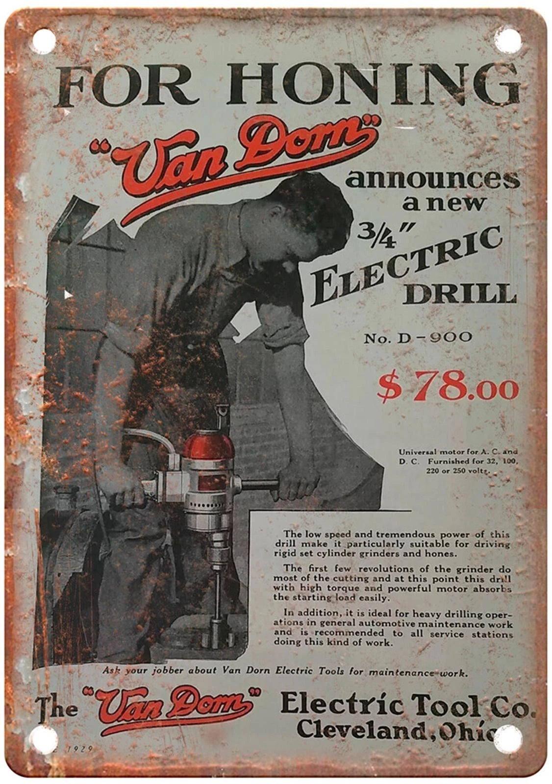Vintage Van Dorn 1929 Drill Reproduction Aluminum Sign — product artwork