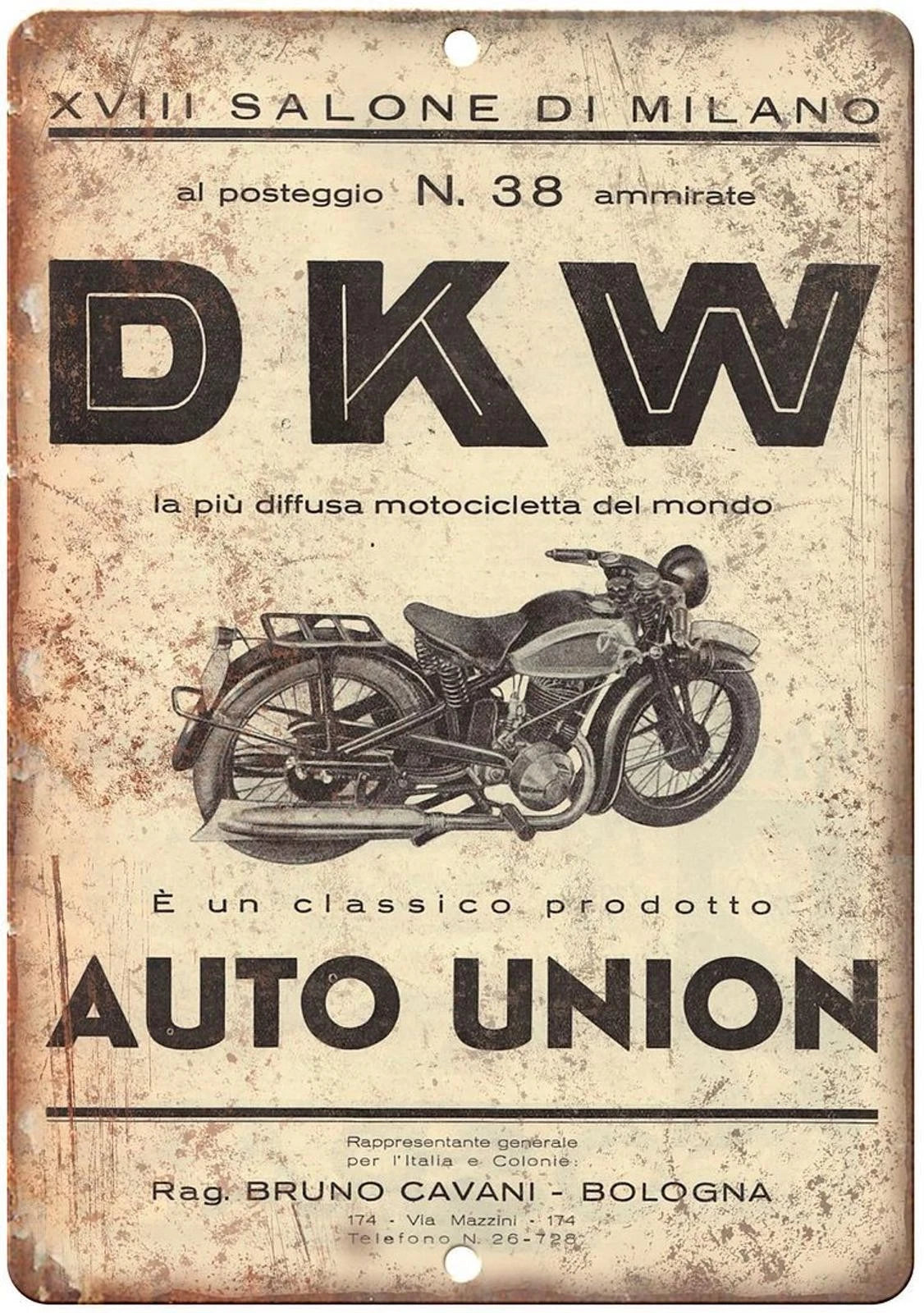 DKW Motorcycle Auto Union Milano Italy Aluminum Sign — product artwork