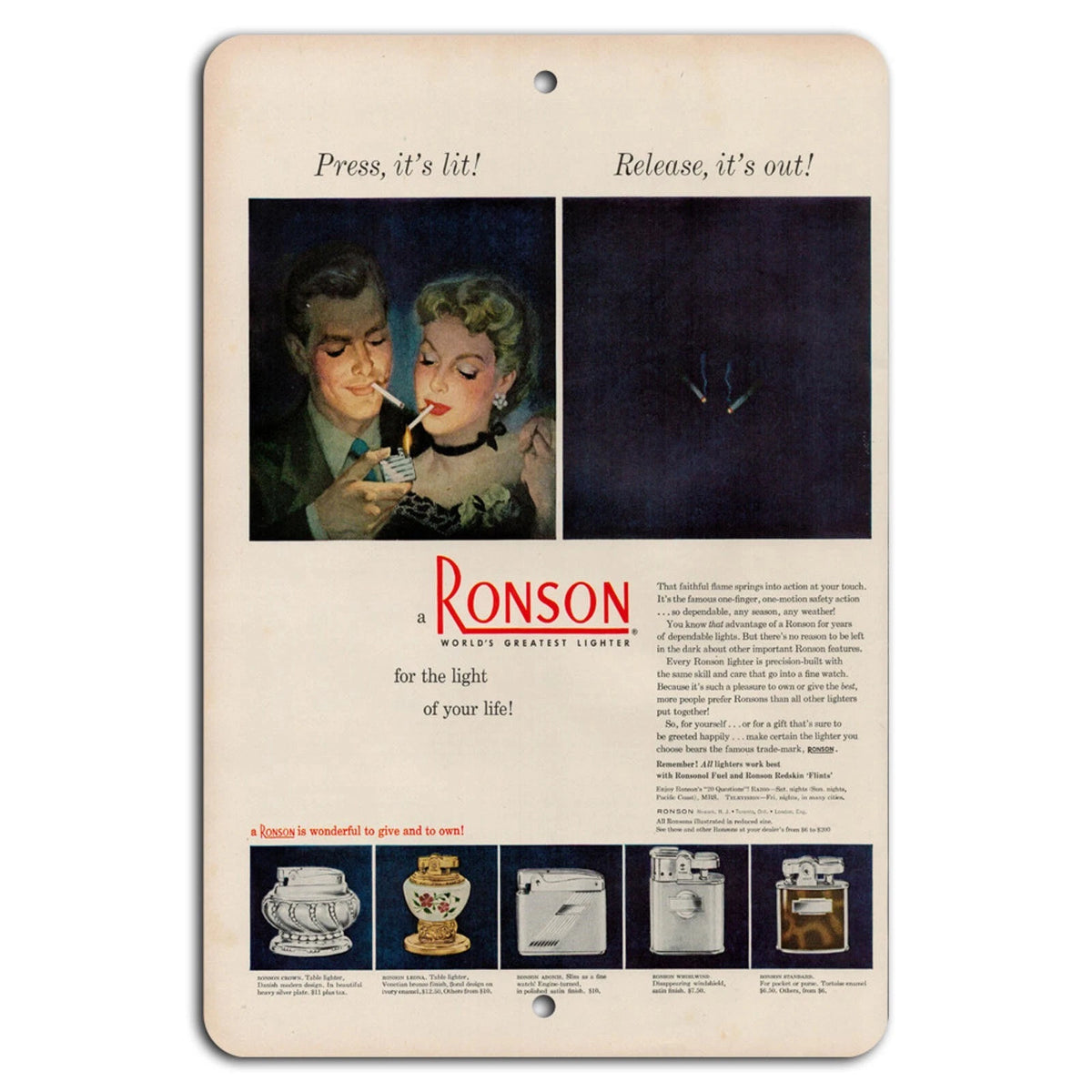 Vintage Ronson Lighter Retro Advertising Aluminum Sign — product artwork