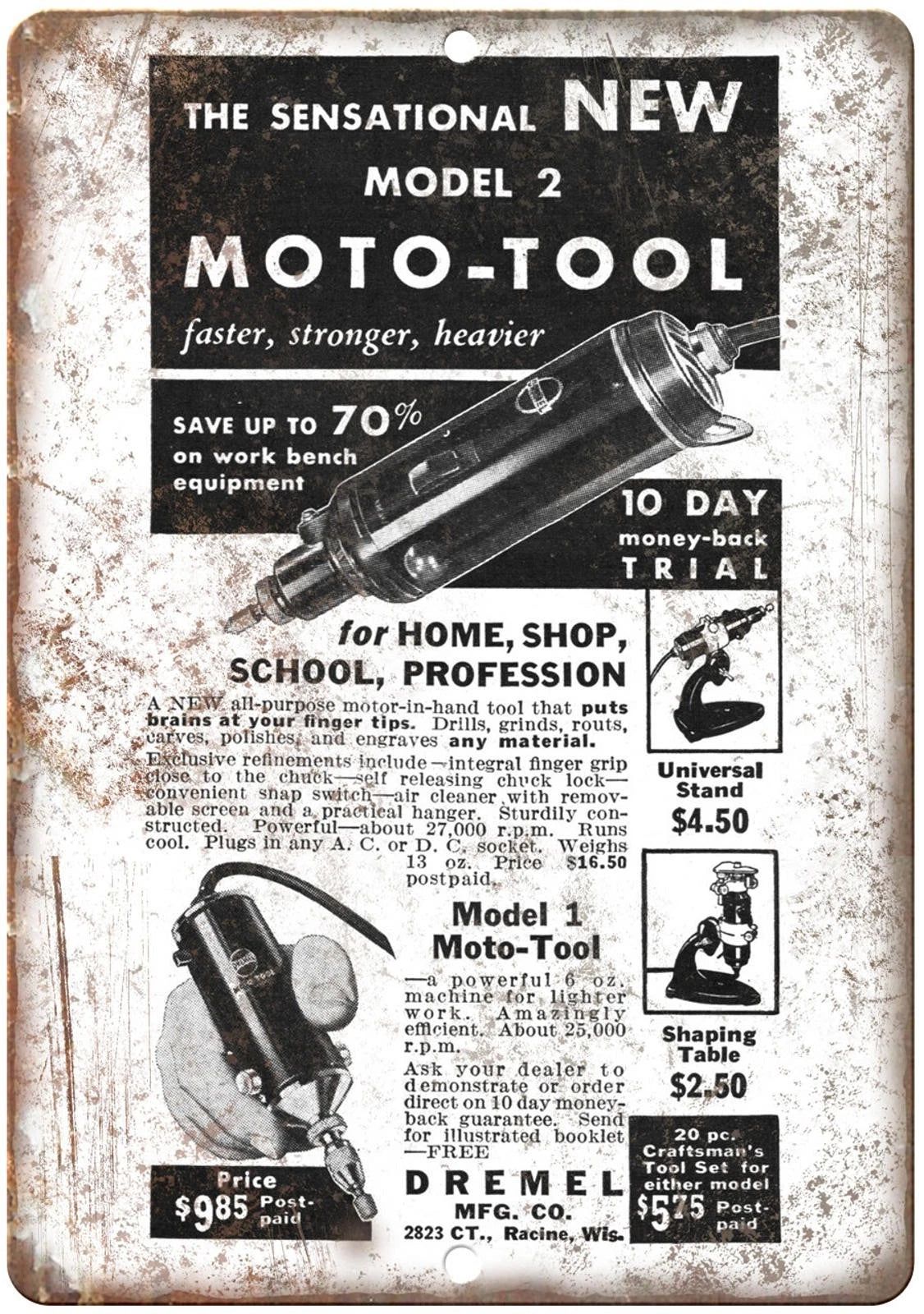 Vintage Moto Tool Dremel Reproduction Garage Aluminum Sign — product artwork