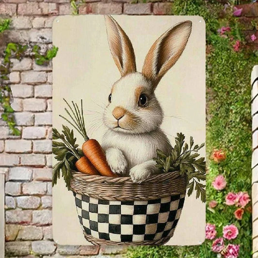 Vintage Bunny in Checkered Basket Wall Art Aluminum Sign — product artwork
