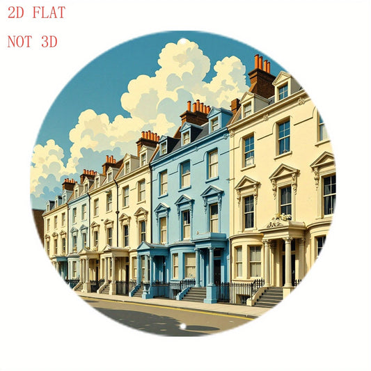 British-Inspired Blue Townhouse Round Aluminum Sign — product artwork