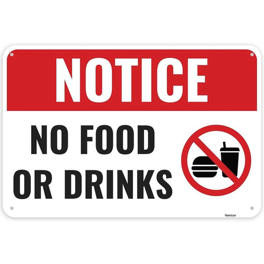 No Food Drinks Funny Vintage Safety Warning Aluminum Sign — product artwork
