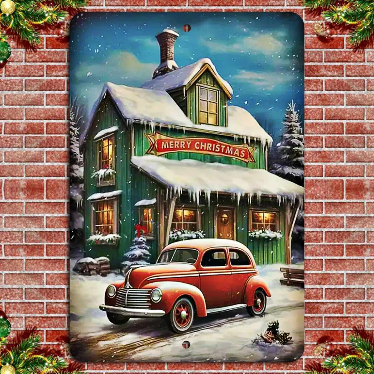 Vintage Christmas Cozy Cabin Classic Car Aluminum Sign — product artwork