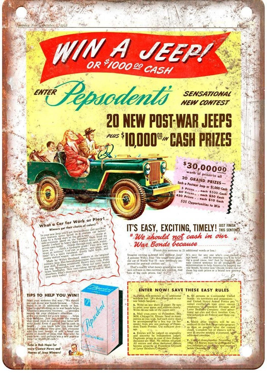 Vintage Auto Pepsodent Jeep Reproduction Retro Aluminum Sign — product artwork