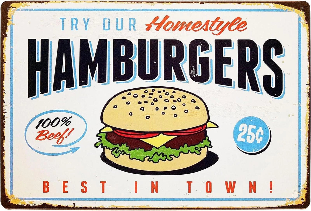 Vintage Tin Best in Town Hamburgers Retro Funny Aluminum Sign — product artwork