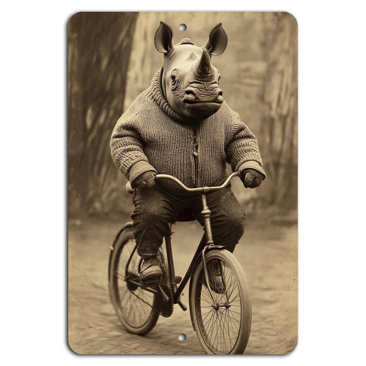 Vintage Rhino Rider Whimsical Garage Aluminum Sign — product artwork