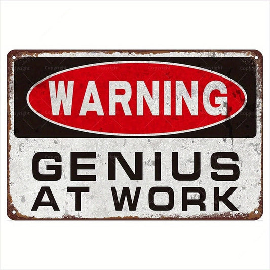 Retro Warning Genius at Work Funny Aluminum Sign — product artwork