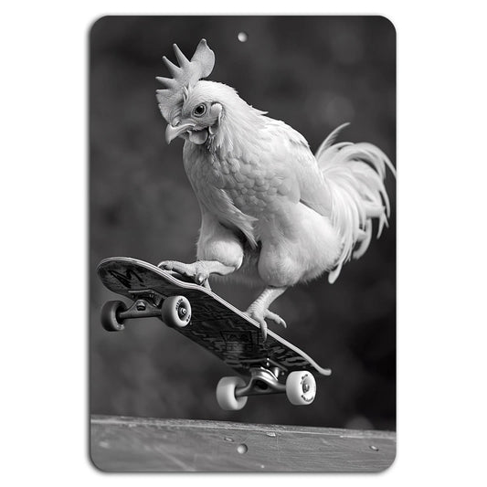 Skateboarding Rooster Retro Vertical Aluminum Sign — product artwork