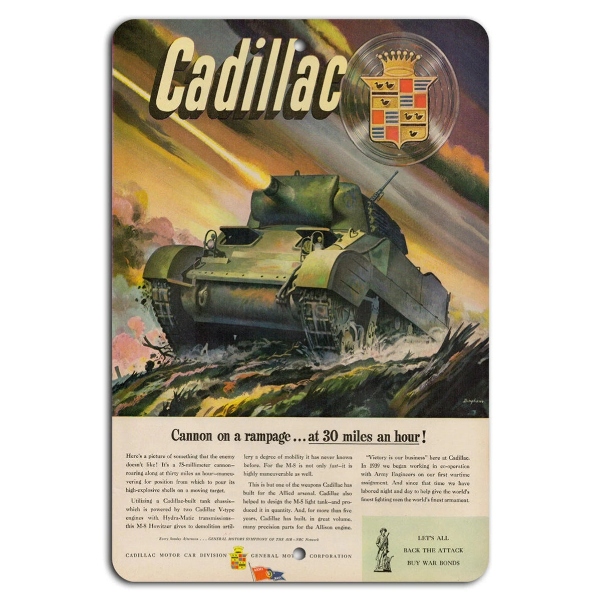 Vintage Cadillac Tank Military Garage Aluminum Sign — product artwork