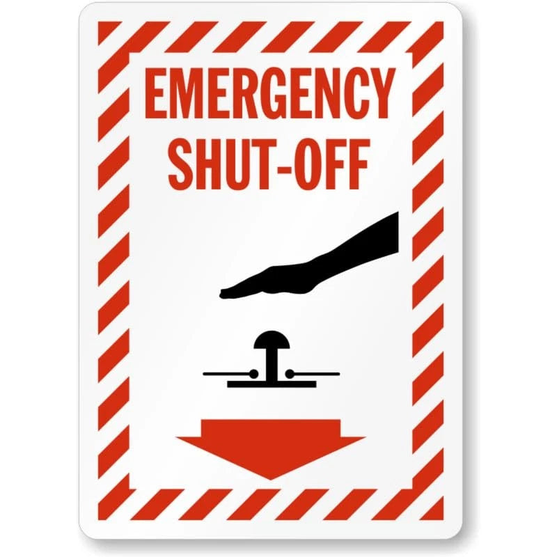 Emergency Shut Off Stripped Border Aluminum Sign — product artwork
