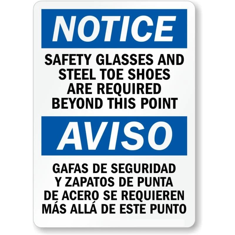 Bilingual Steel Toe Shoes Aluminum Sign — product artwork