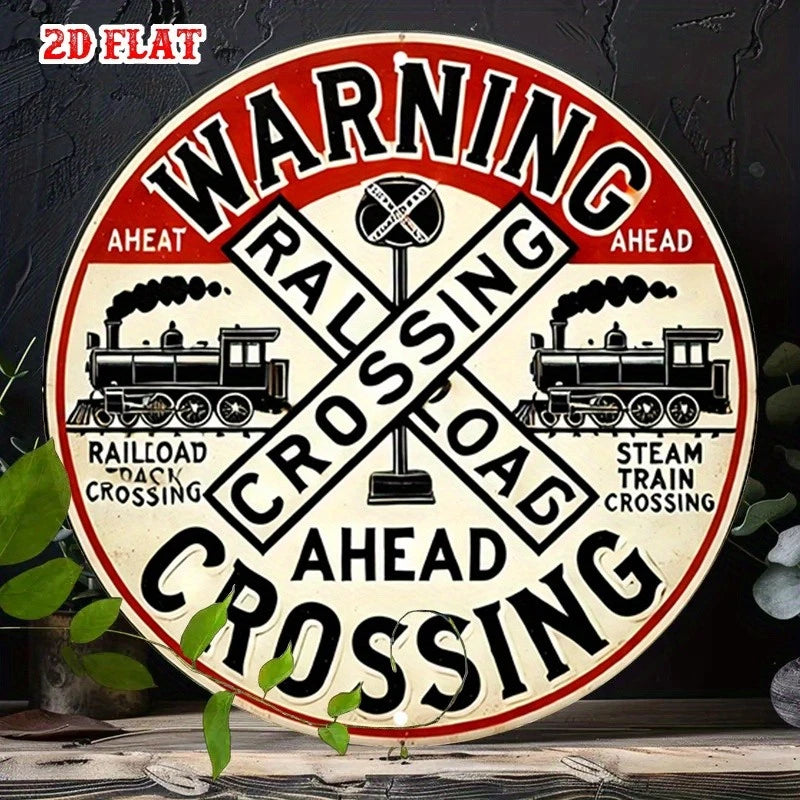 Railroad Crossing Vintage Funny Wall Art Round Aluminum Sign — product artwork
