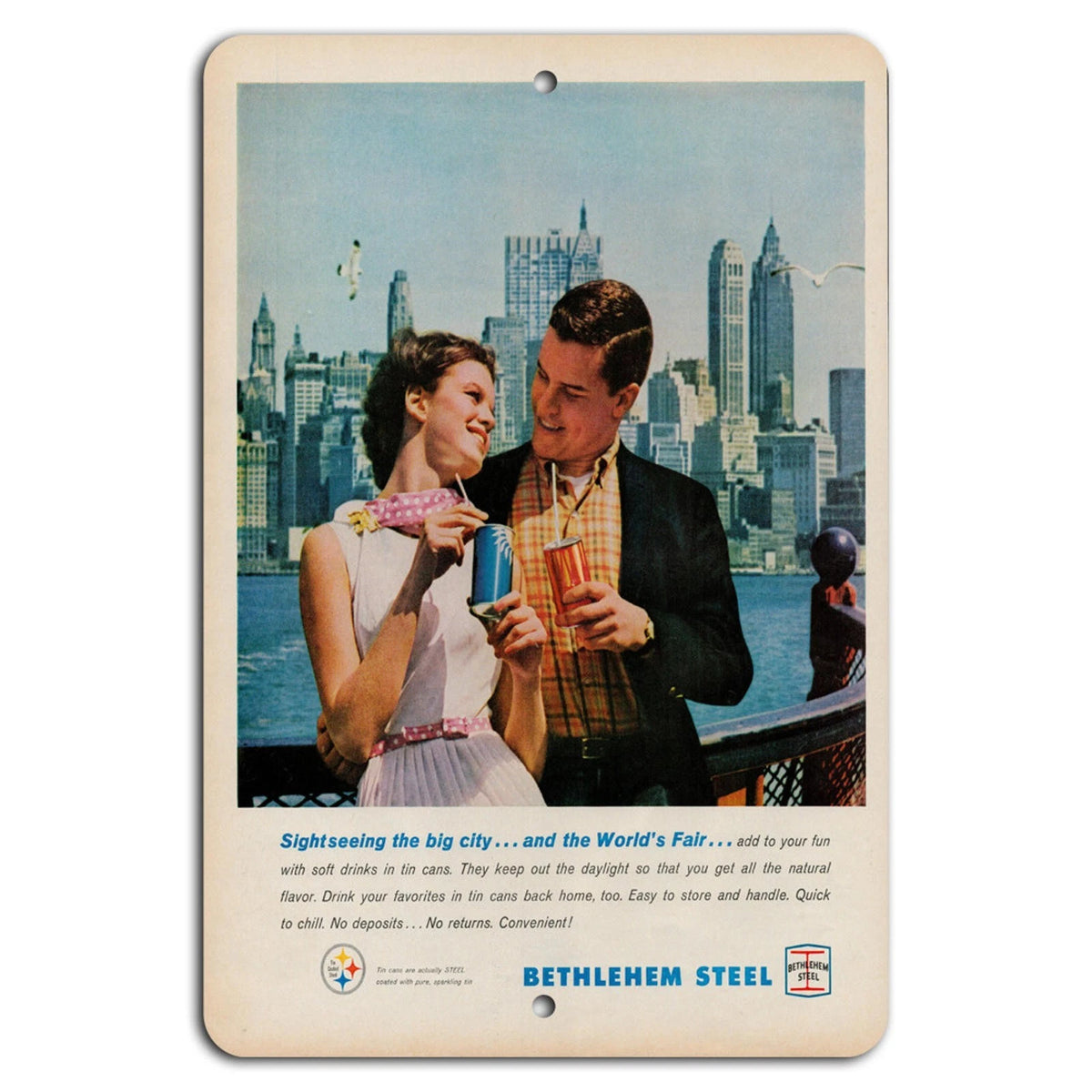 Vintage Retro World's Fair Romance Cityscape Aluminum Sign — product artwork
