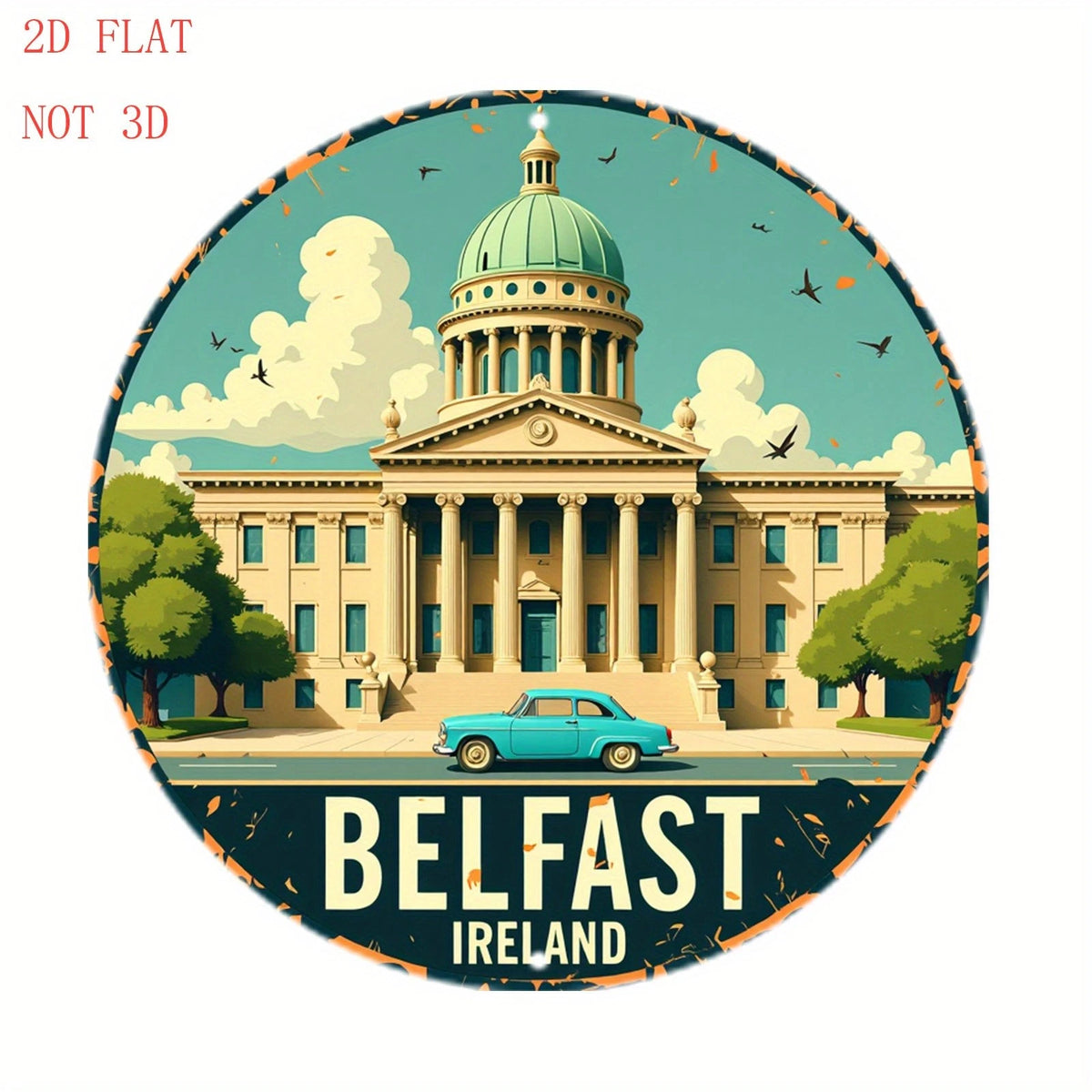 Belfast City Hall Funny Vintage Car Dome Round Aluminum Sign — product artwork