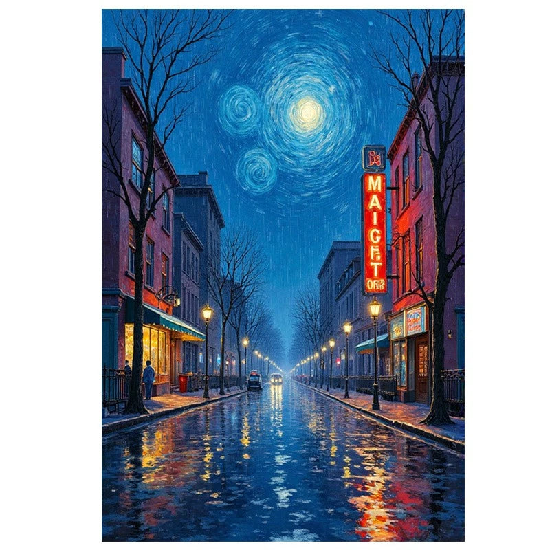 Canvas Painting City Street Under Night Sky Wet Road Aluminum Sign — product artwork