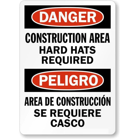 Bilingual Construction Hard Hats Aluminum Sign — product artwork