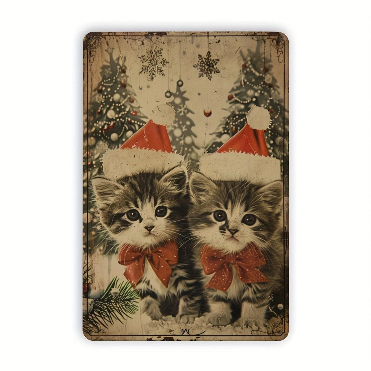 Vintage Christmas Funny Kittens Festive Aluminum Sign — product artwork
