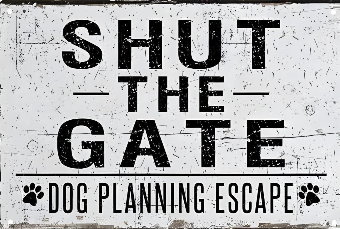Shut the Gate Dog Escape Funny Aluminum Sign — product artwork