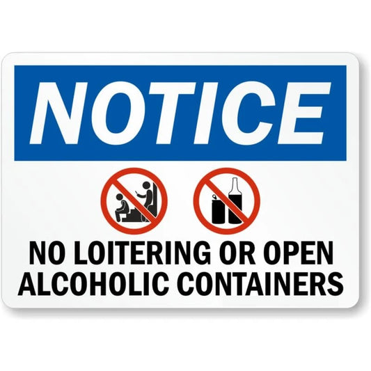 No Loitering or Open Alcoholic Containers Aluminum Sign — product artwork