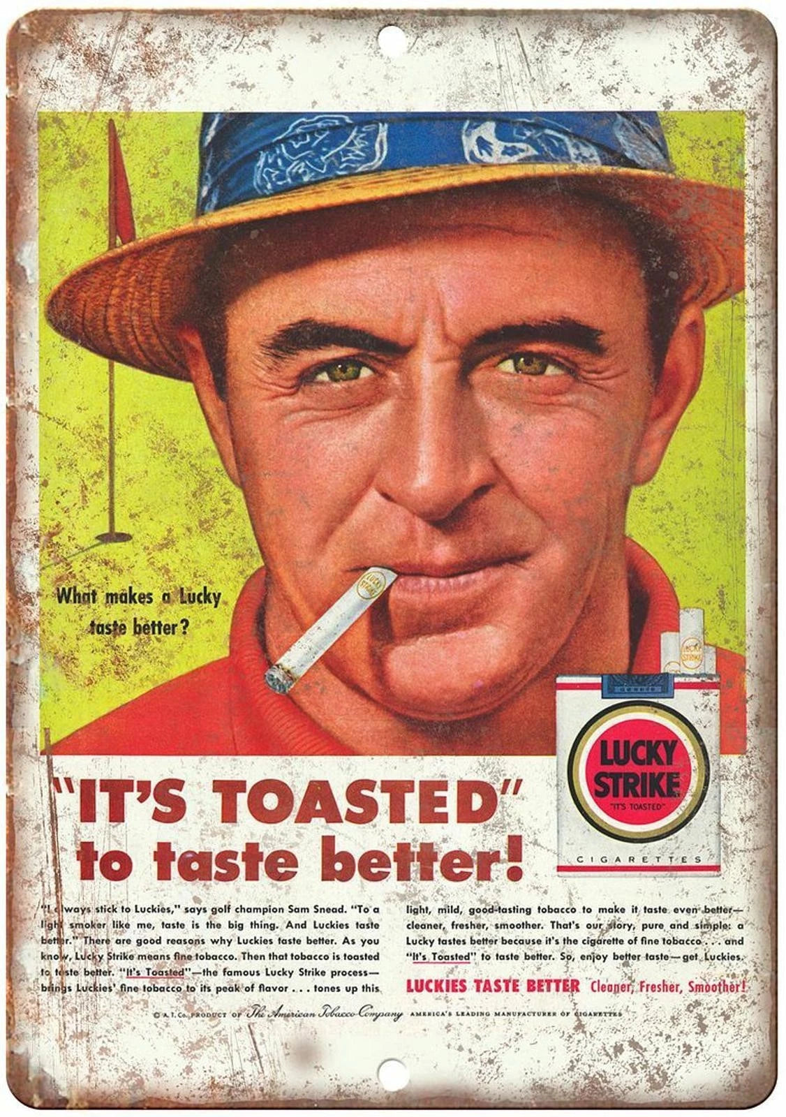 Lucky Strike Its Toasted Man in Blue Hat Aluminum Sign — product artwork