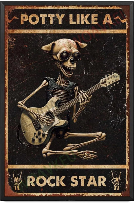 Tin Vintage Dog Skull Playing Guitar Potty Funny Aluminum Sign — product artwork