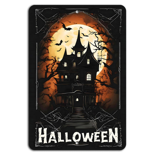 Halloween Gothic Haunted House Full Moon Bats Aluminum Sign — product artwork