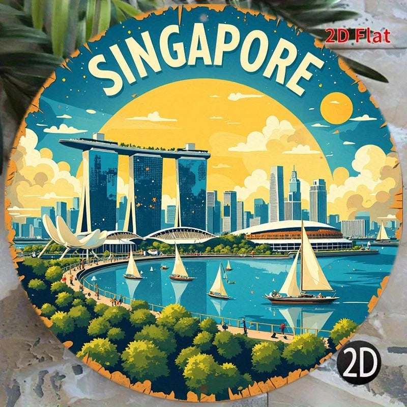Singapore Skyline Marina Bay Funny Round Aluminum Sign — product artwork