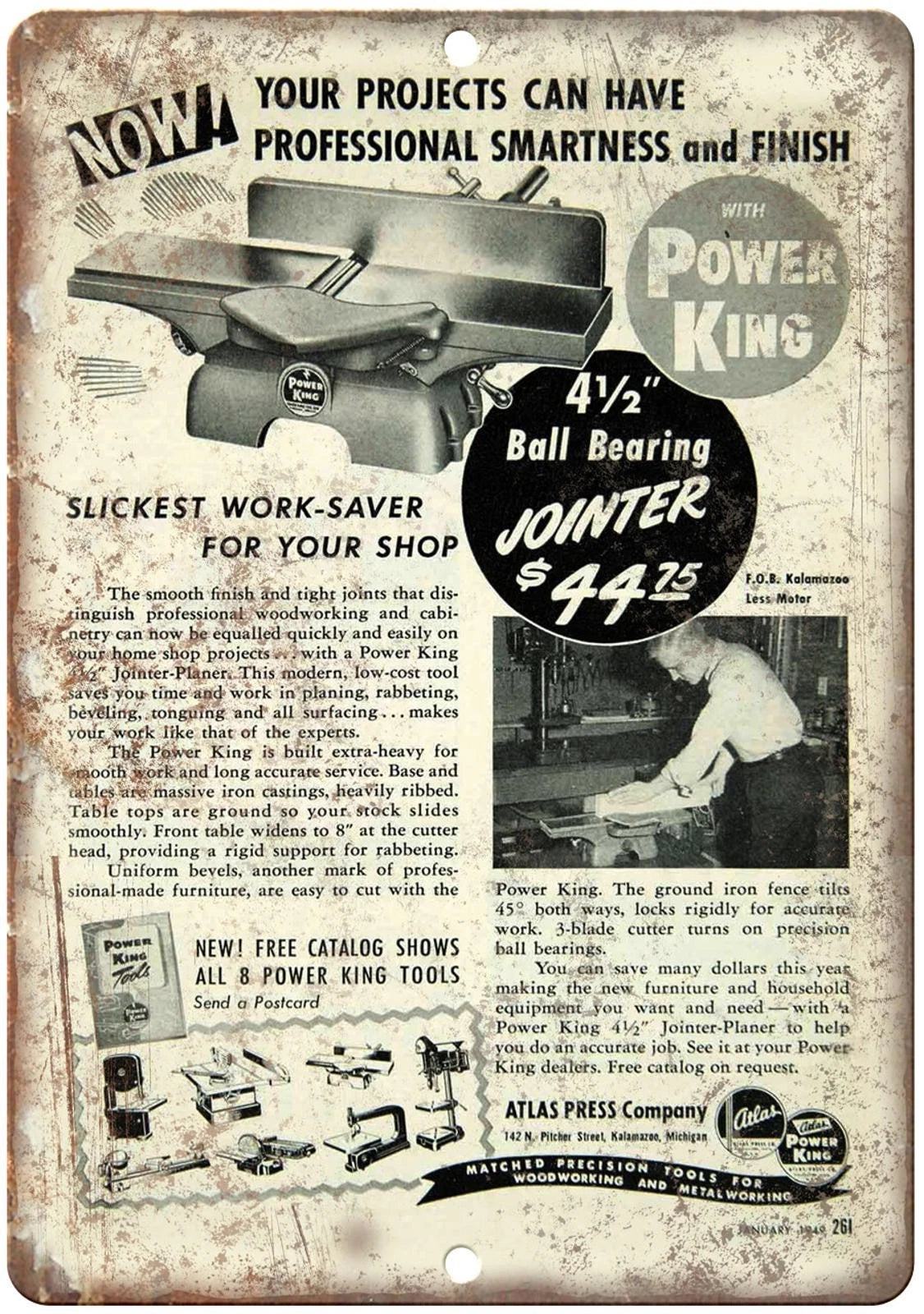 Power King Ball Bearing Jointer Reproduction Aluminum Sign — product artwork