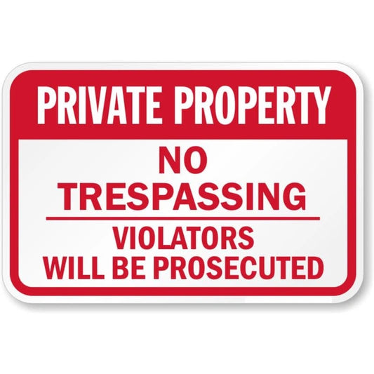 Private Property No Trespassing Violators Prosecuted Red Landscape Aluminum Sign — product artwork