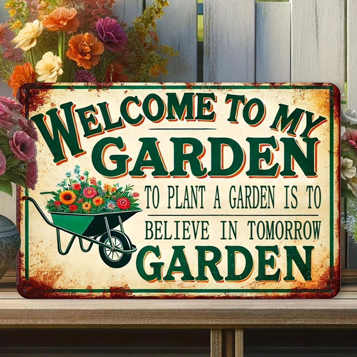 Vintage Funny Welcome to My Garden Aluminum Sign — product artwork