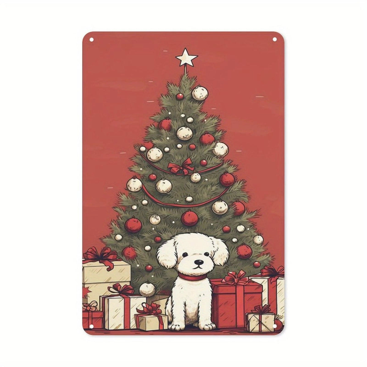 Christmas Tree with Puppy and Gifts Aluminum Sign — product artwork